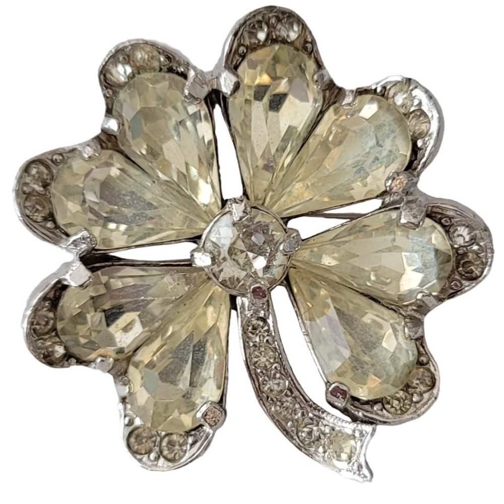 Eisenberg Rhodium Plated Rhinestone Four Leaf Clover Brooch Pin, Signed E298